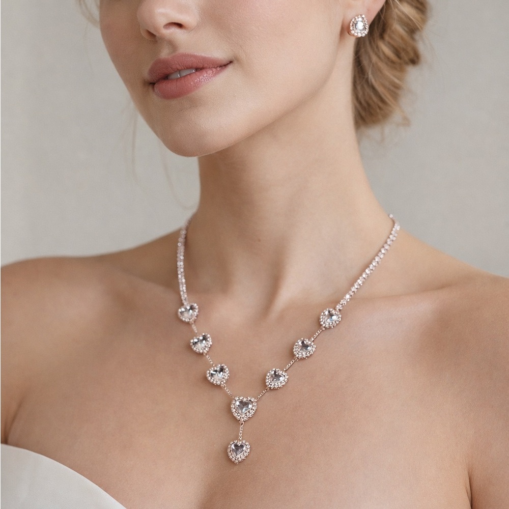 BRIDAL PARURE Heart Necklace and Earrings Set Glam Wedding Jewelry